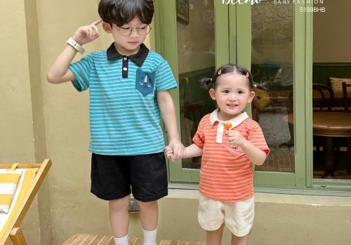 SET POLO CỘC TAY KẺ NGANG PHỐI TÚI HÌNH MÈO